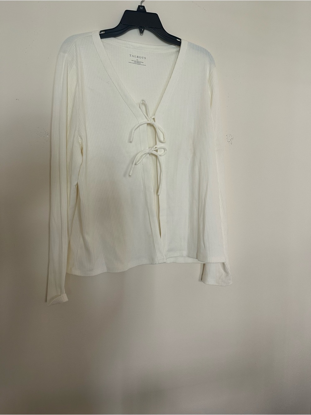 Talbots Cream Tie-Front Ribbed Top - Picture 2 of 3